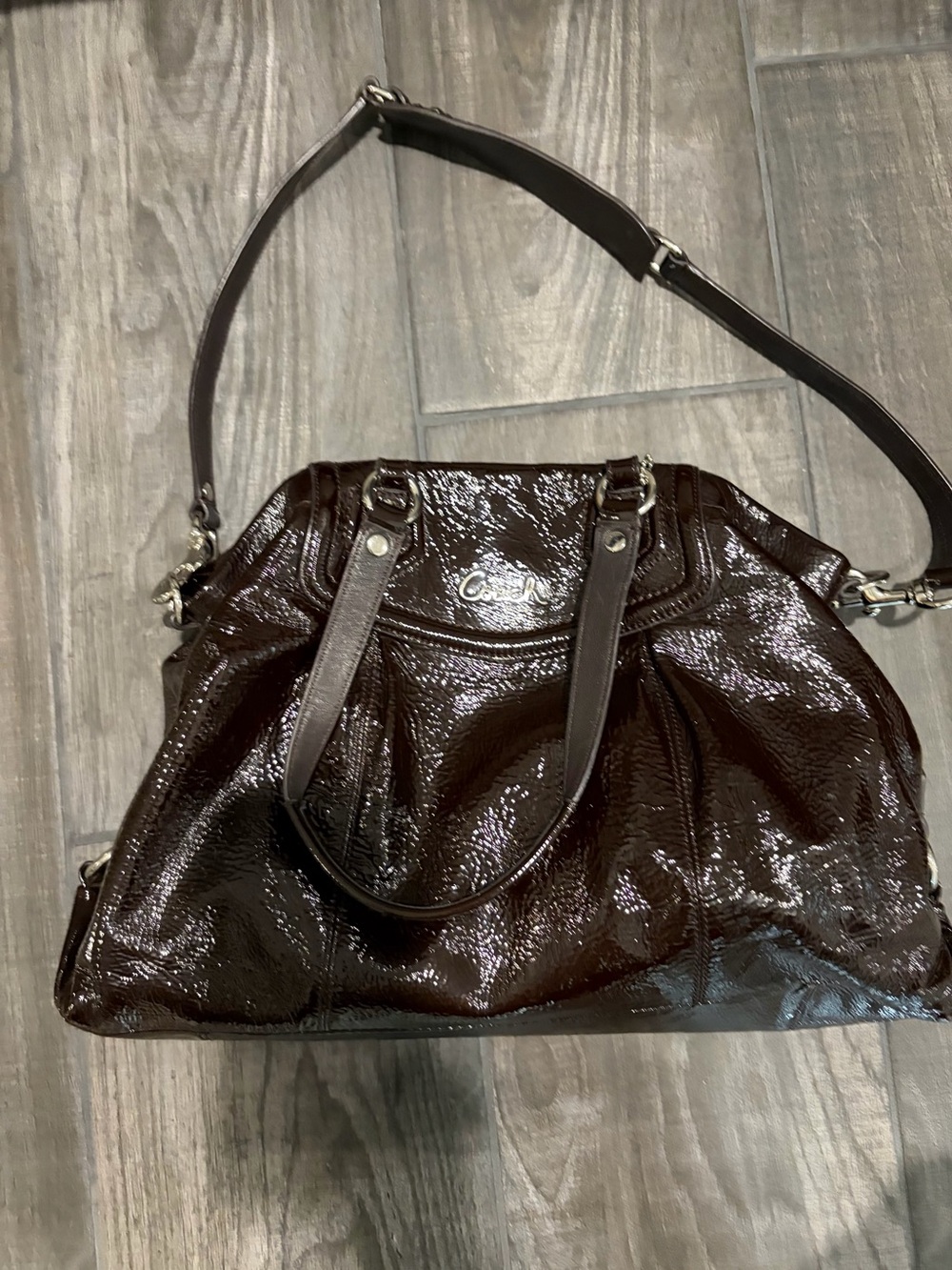 Coach Glossy Patent Leather Shoulder Satchel - Brown